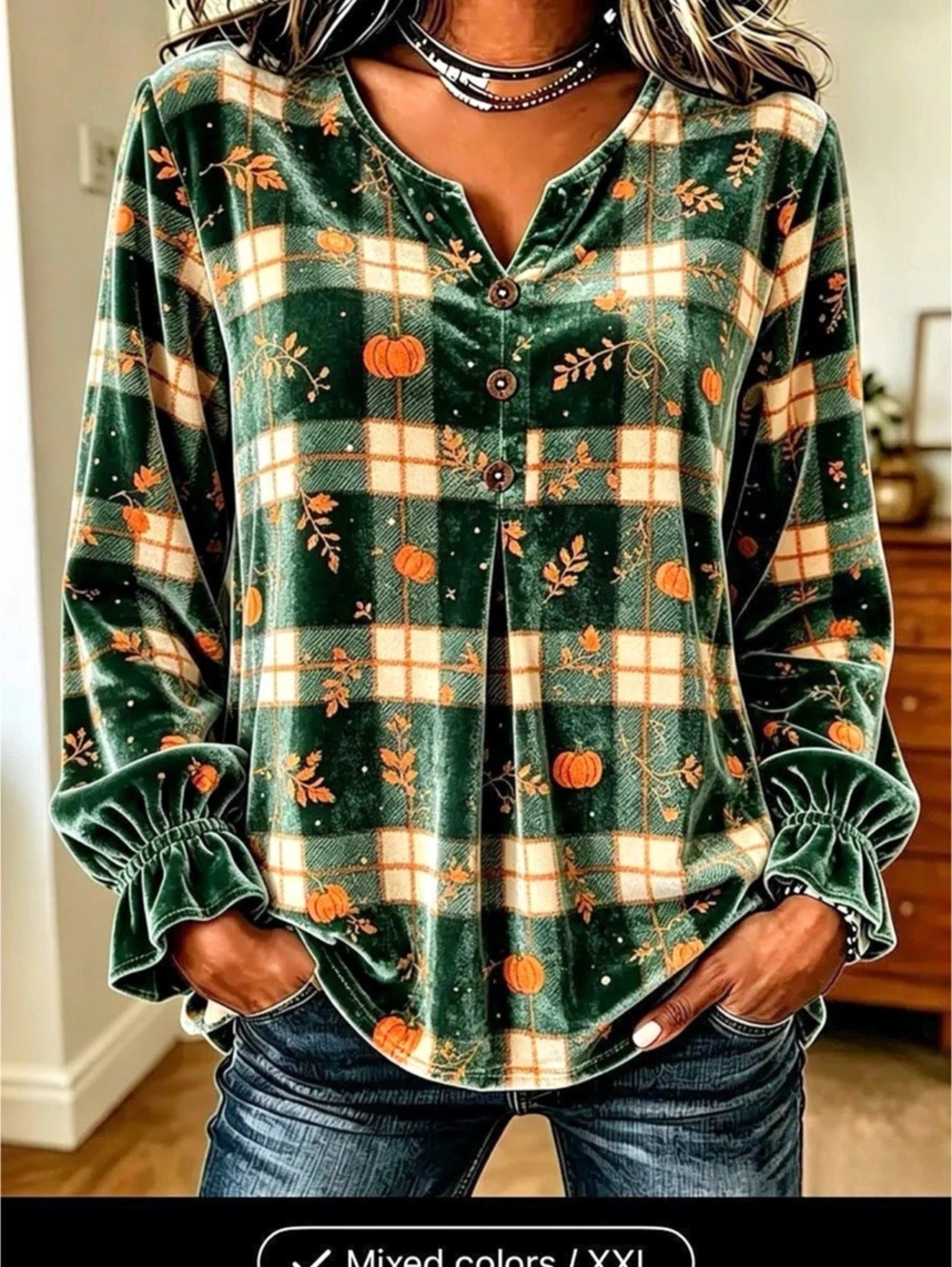 OUFISUN Plaid V-Neck Blouse in Green & Orange Size XXL